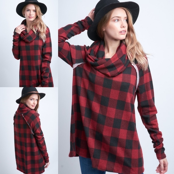 Long Sleeved Cowl-Neck Plaid Top - Picture 1 of 1